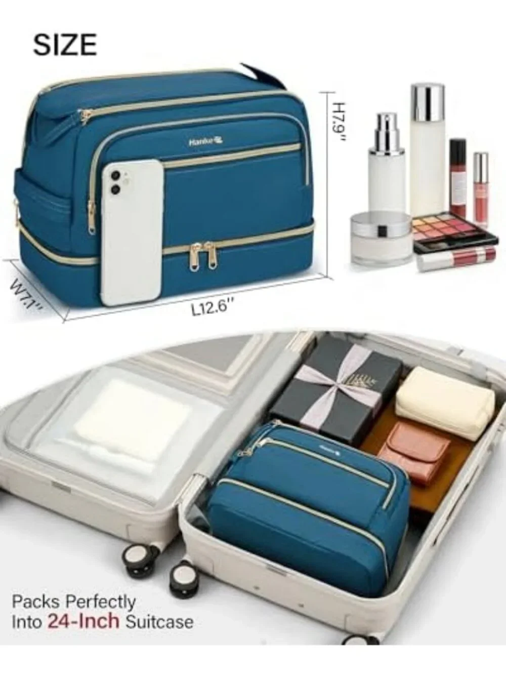 Water-Resistant Dual-Layer Travel Toiletry & Makeup Bag - Wide Open Design